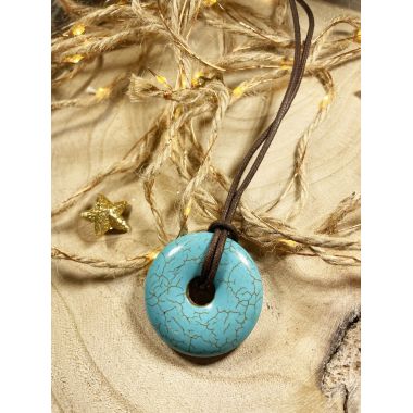 Collier donut turquoise cordon marron chocolat