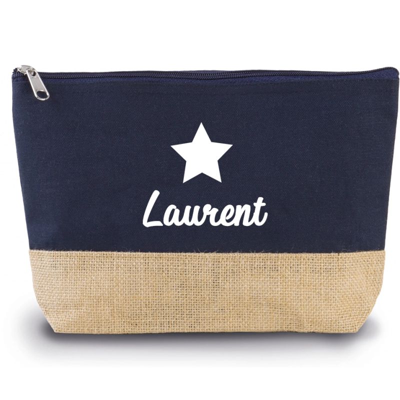 Trousse de toilette en coton et jute bleue marine personnalisée au prénom