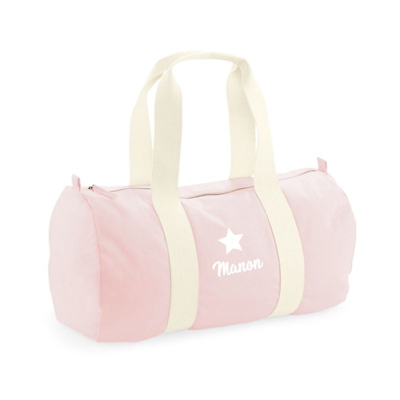 Sac polochon rose pastel en coton bio personnalisé au prénom